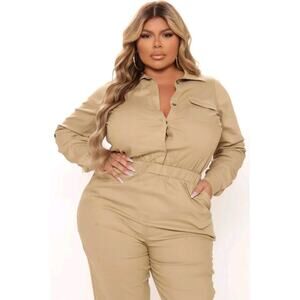 Fashion Nova Aviator Babe Khaki Brown Utility Jumpsuit Size 1X